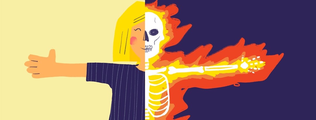 woman is happy on the outside but underneath her skeleton is on fire