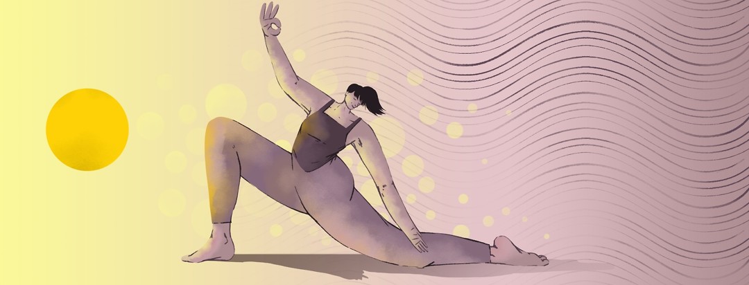 A woman does yoga toward a warm sun with soft circles and wavy lines in the background