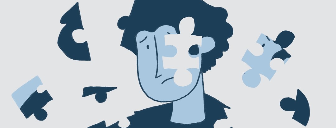 person's face with missing pieces shaped like puzzle pieces