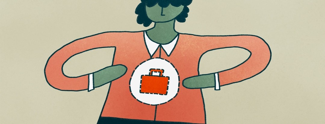 woman with a red briefcase patch sewn onto shirt