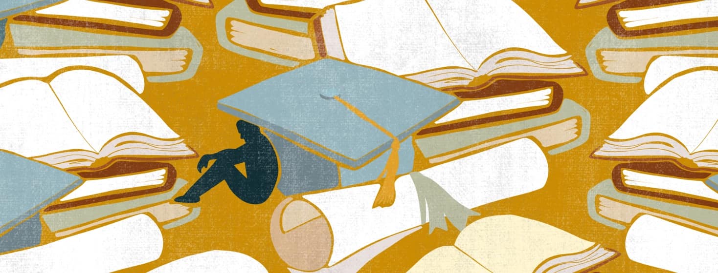 A sad figure sits hunched underneath of a large graduation cap, with diplomas and books scattered throughout the scene