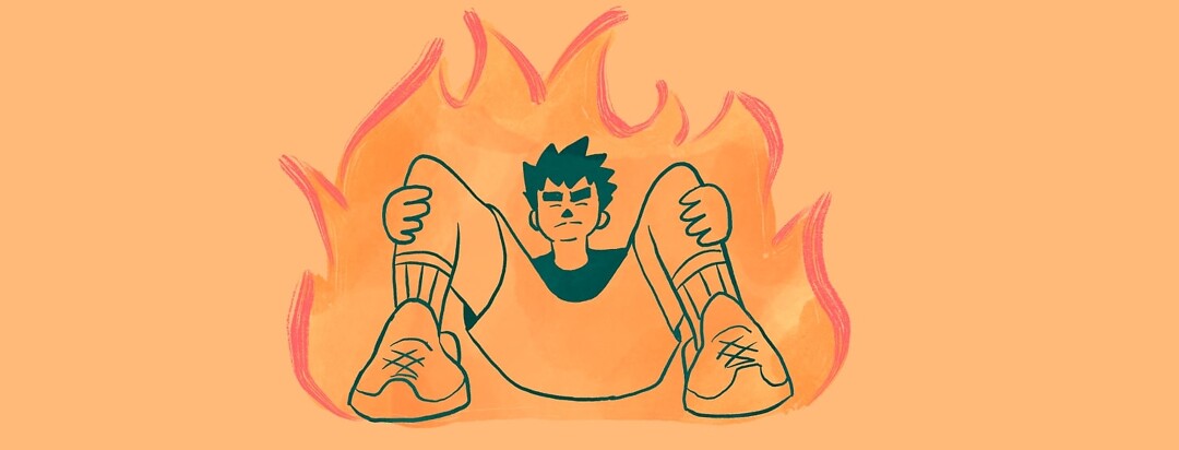 person doing crunches surrounded by fire