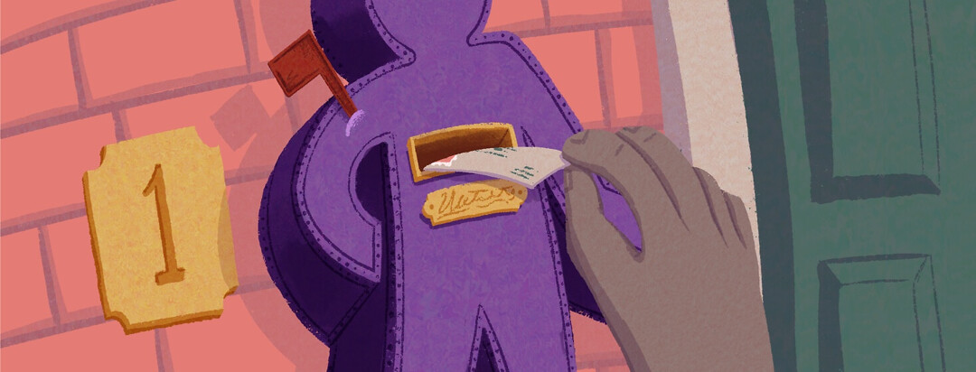 A purple person-shaped mailbox with the postal flag raised. A hand is dropping a letter into the mail slot