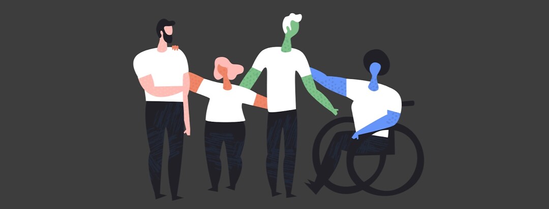 Group of diverse people with disabilities, one in a wheelchair, arms around each other
