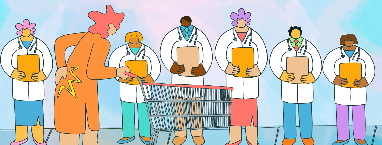 A woman clutches her aching back while pushing a shopping cart and looking at a lineup of doctors.