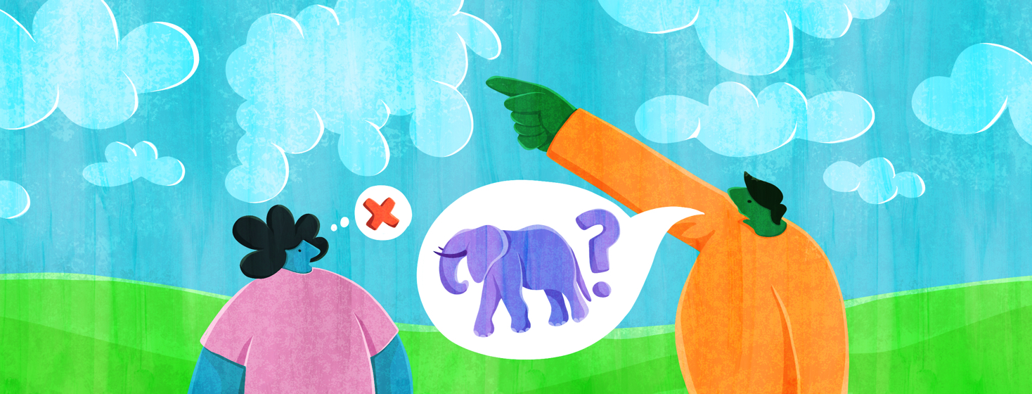 A man points at a cloud in the sky, and a speech bubble with an elephant and a question mark comes from his mouth. A woman looks blankly at him and has a thought bubble showing a red x.