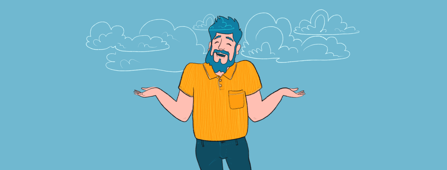 A man laughing and shrugging as clouds float around his head.