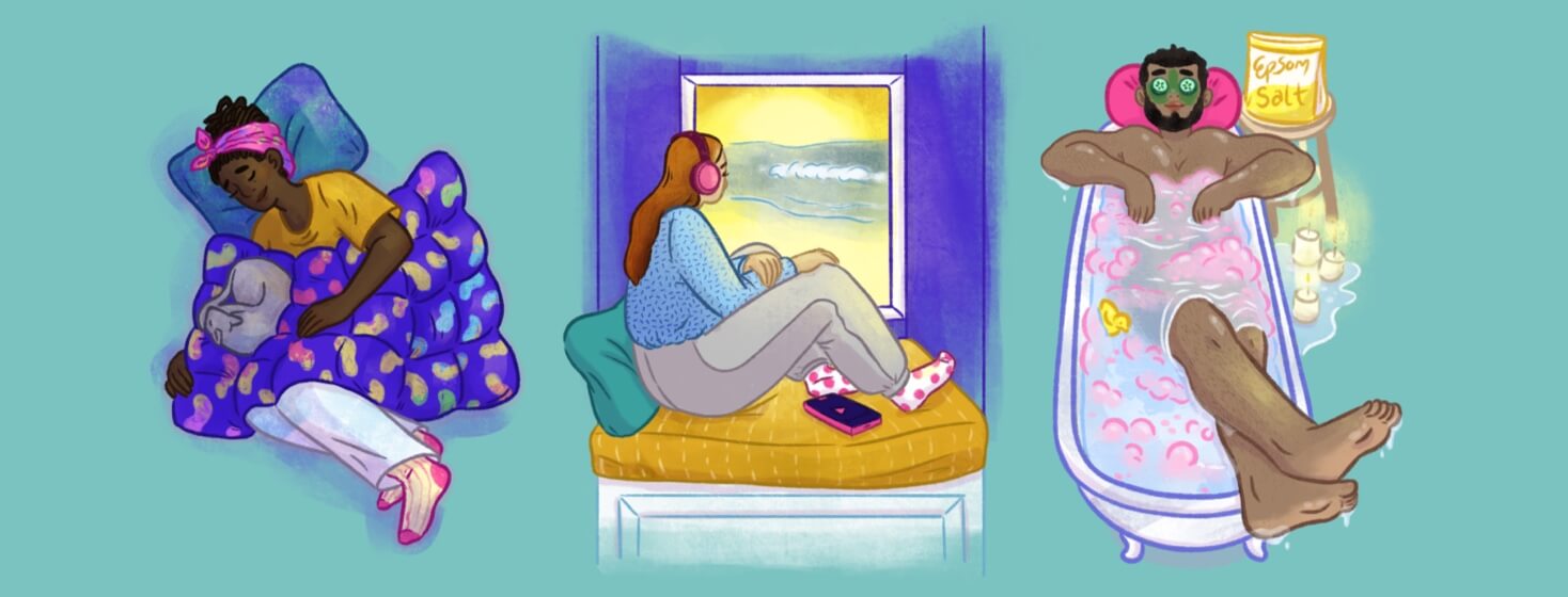 From left to right: an Adult, Black, Female takes a nap with her cat; an Adult, Female listens to music/podcast while relaxing in a window seat and looking out the window; an Adult, POC Latinx, Male takes an epsom salt bath and relaxes with a face mask on and candles