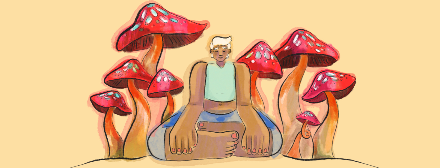 A person sits cross legged in a thicket of mushrooms.