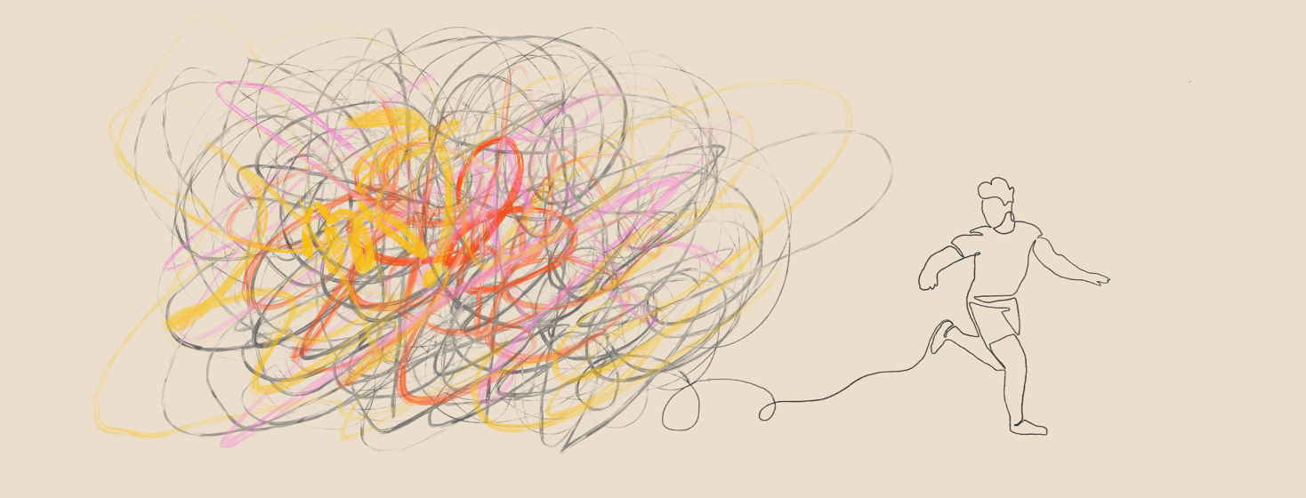 A person runs away from a large menacing scribble that they're still attached to by a line.