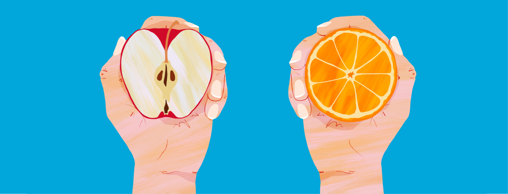 Two hands outstretched, one holding and half of an orange, the other holding a half of an apple.