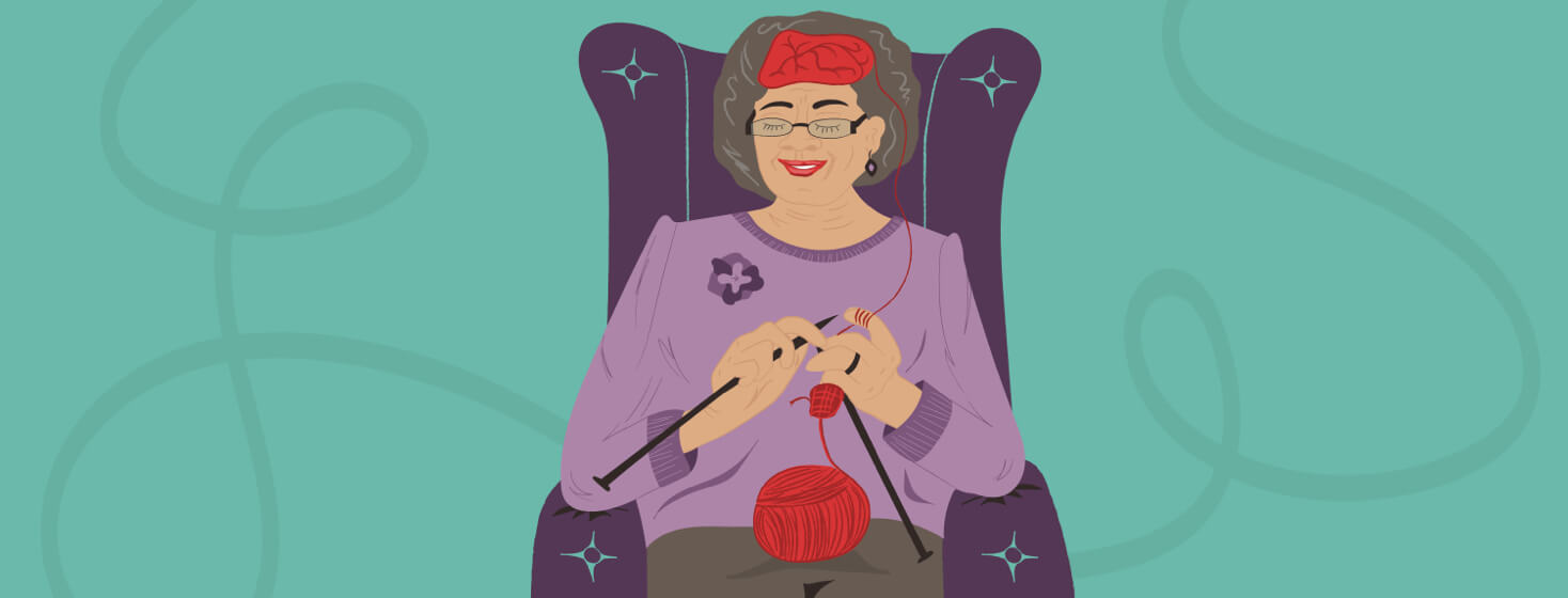 A woman sitting in a chair, knitting, with the yarn creating a brain, hobby, positive, happy, mental health, active hands, occupied, coping mechanism, spare time Female, adult, senior